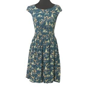 Emily and Fin Dress S Teal Antelope Novelty Print Fit & Flare Pockets Cottage